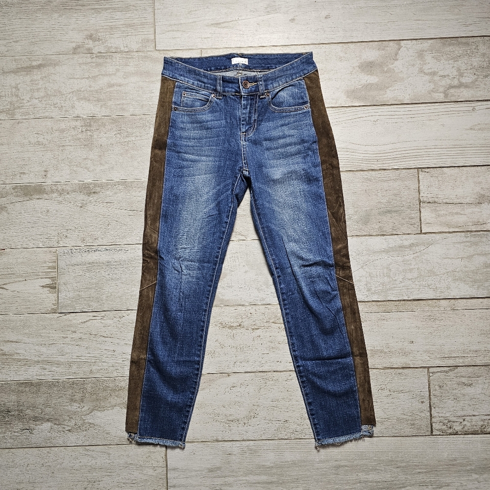 Ecru Two Tone Mid Rise Ankle Fringe Medium Wash Denim Jeans 0